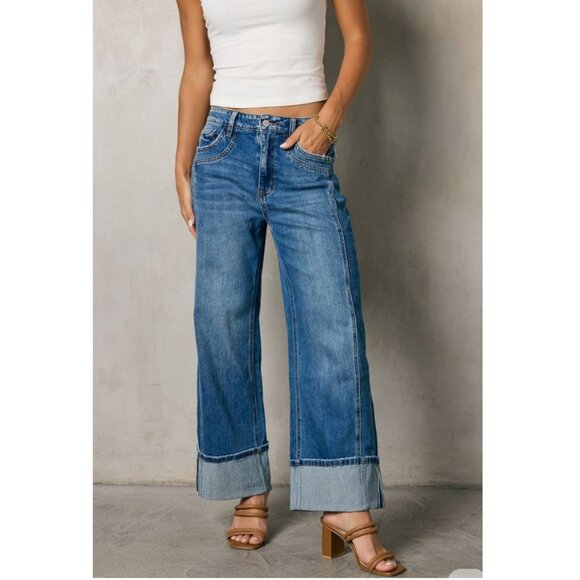 Flying Monkey Fenna Cuffed Wide-Leg Cropped Jeans in Medium Wash - Picture 1 of 4